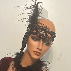 Elegant Black Feathered Headpiece Headband necklace Wrap  20s Theme Fringes